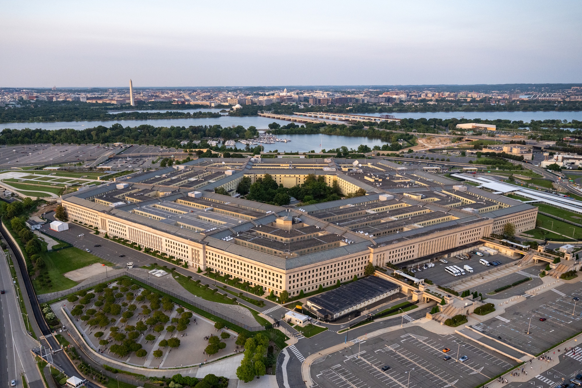 Aerial landscape of the Pentagon headquarters building and surrounding grounds.